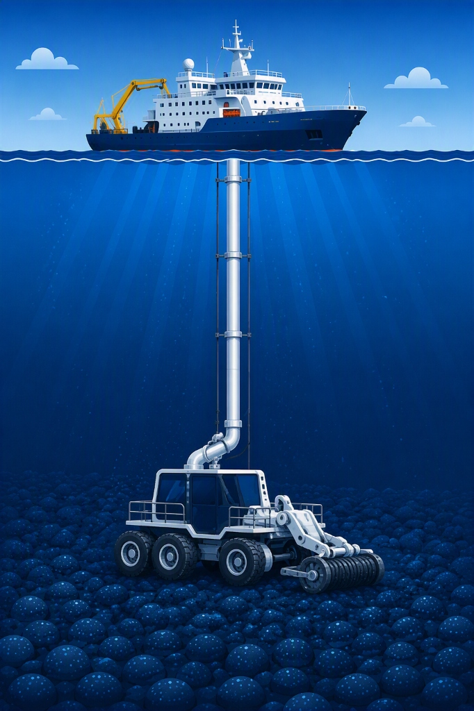Illustration of a deep-sea mining system with a vertical riser pipe connecting a seabed collector to a surface support vessel